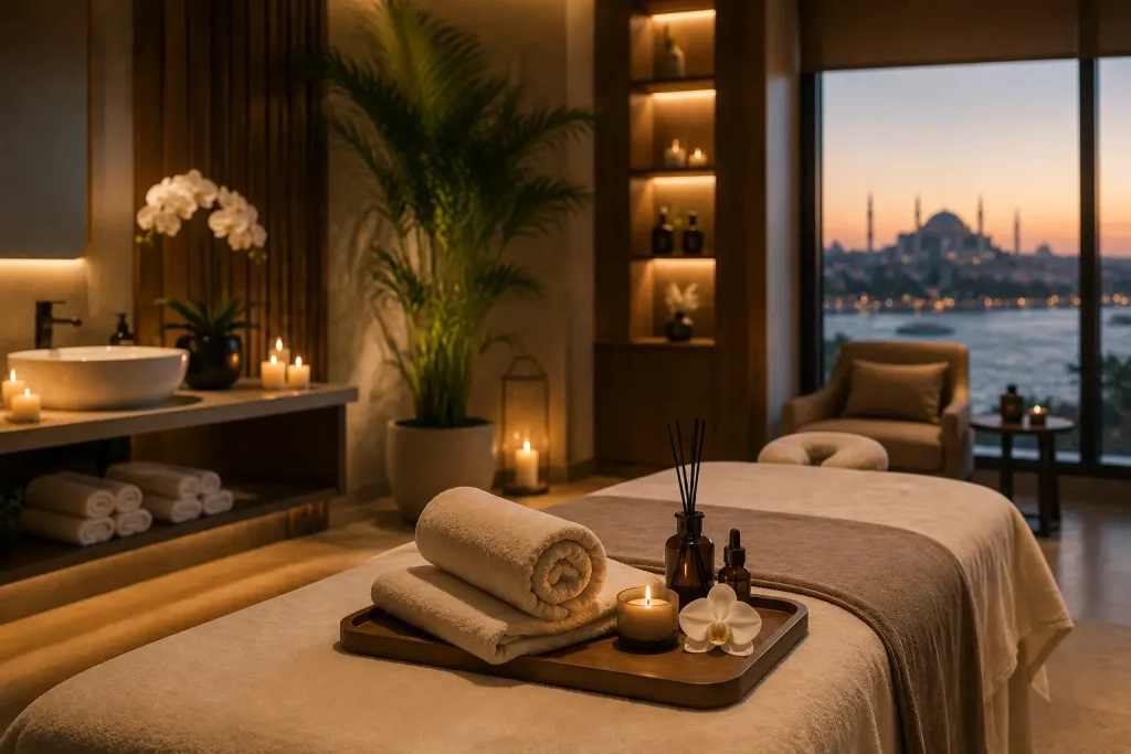 Masaj öncesi hazırlanmış katlanmış havlular ve aromatik yağ şişeleri